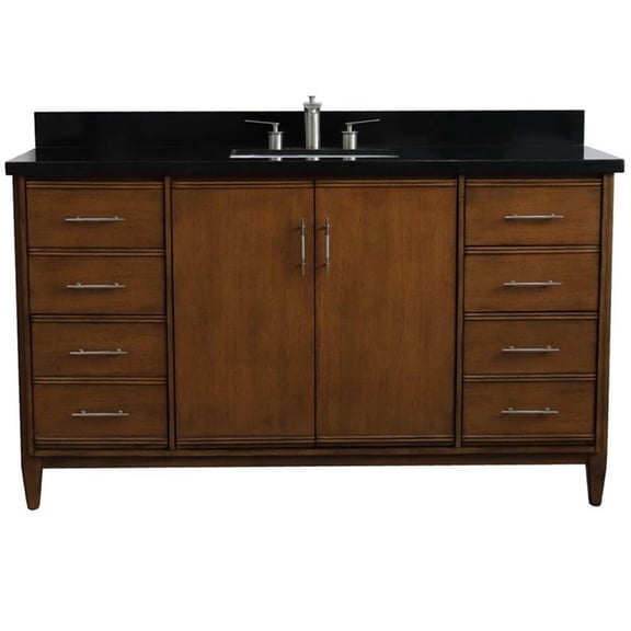 MCM 61" Rectangle Sink Solid Wood Vanity with Black Granite Stone in Walnut