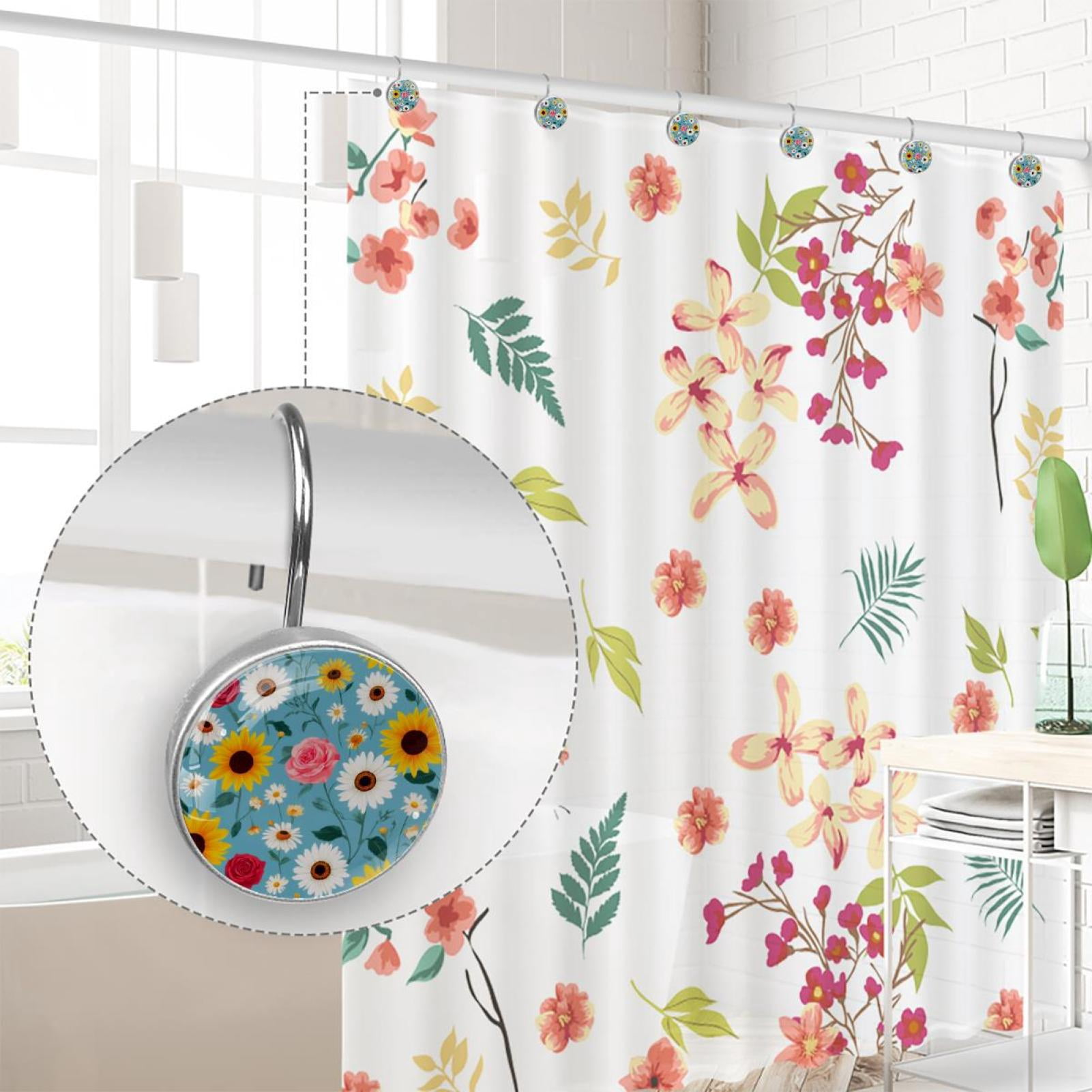 12pcs Decorative Shower Curtain Hooks, Rust Resistant Shower Rings for Bathroom Living Room,Rustproof Stainless Steel Rings for Shower Curtain and Liner Rods,Bohemia Style Flowers