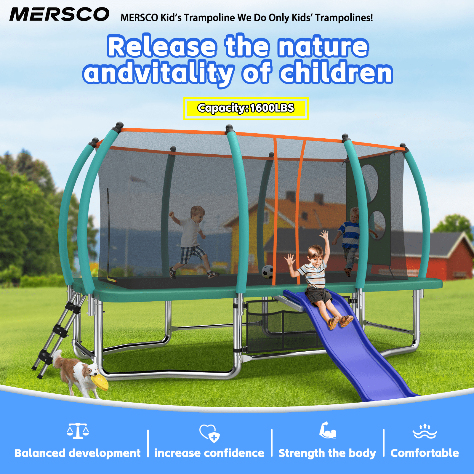Mersco 8x14ft Large Rectangle Trampoline with Enclosure Net ,Slide Outdoor Big Trampoline for Backyard,Kids Trampoline with Basketball Hoop,Birthday and Holiday Gifts for Kids,Green
