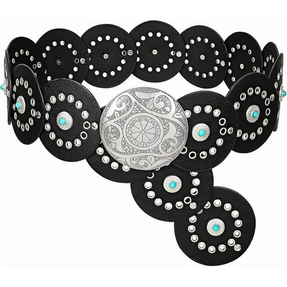 Western PU Leather Belt Women's Concho Cowgirl Round Disc Belt Women's Wide Bohemian Country Belt Dress
