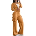 thumbnail image 3 of Women's 2 Piece Outfit Long Sleeve Button Down Cardigan, Loose Wide Leg Cargo Pants with Pockets, Tracksuit Set, Soft Polyester, Casual, Work, Travel, Lounge, Daily | TruBelle,Gold S, 3 of 9