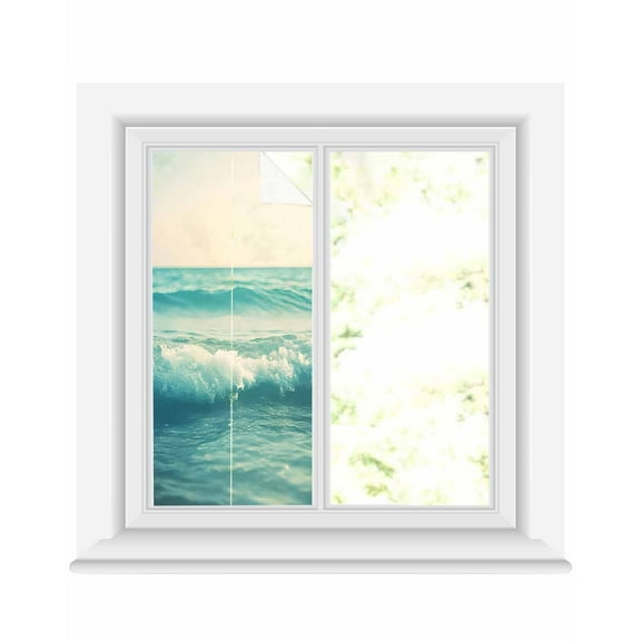 Window Privacy Film Teal Ocean Waves Retro Stained Glass Window Film Decorative Sun Block Window Cover Summer Beach Coastal Nautical Window Clings Static Adhesive Sticker for Bathroom 17.7"x39.3"