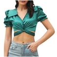 thumbnail image 1 of EQWLJWE Chemises pour Femmes en Liquidation, Manches Courtes, Décontracté, Croisé devant, Bandage, Manches Bouffantes, Col Poupée, 1 of 9