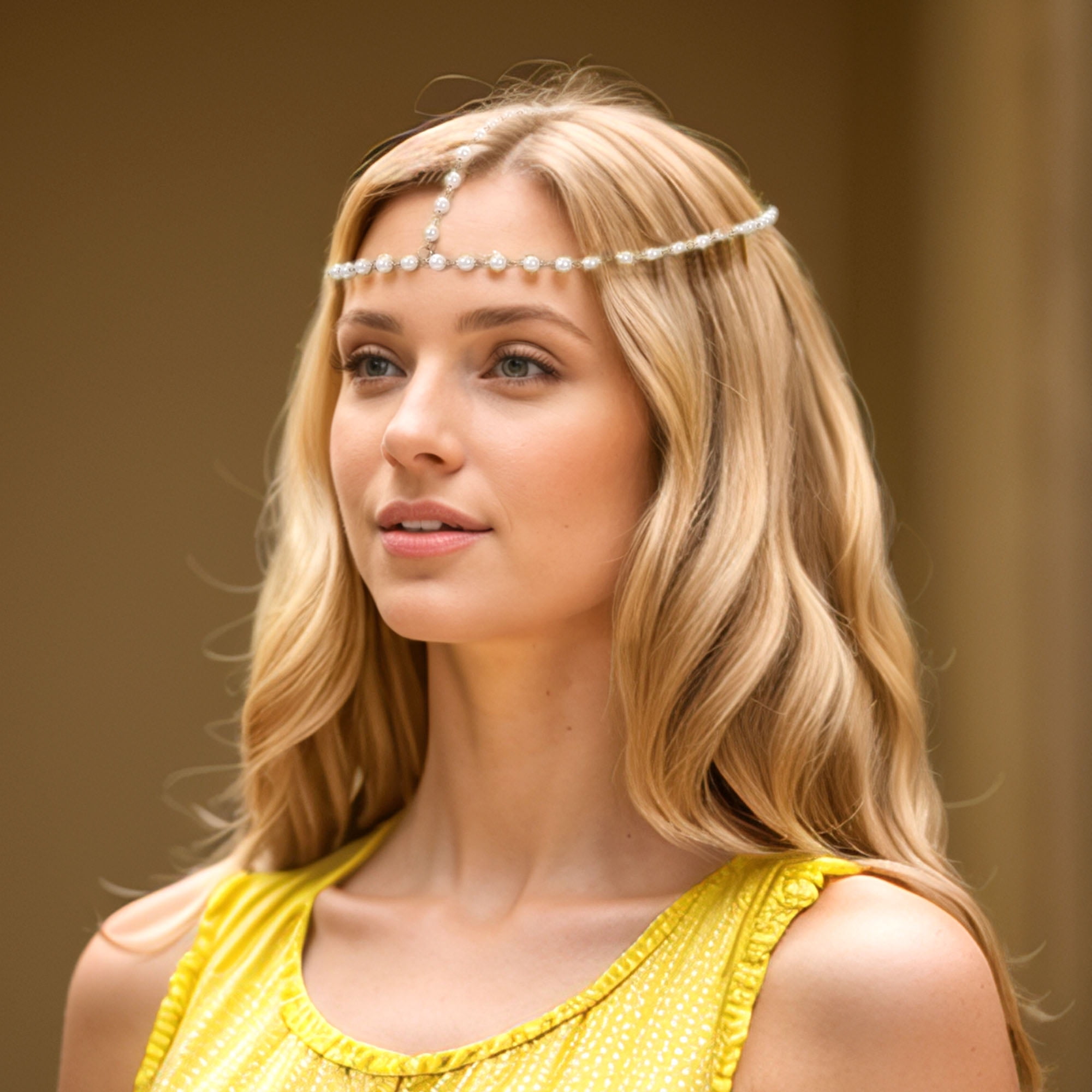 Unique Bargains Headpiece Faux Pearls Head Chain Gold Tone 1 Pc