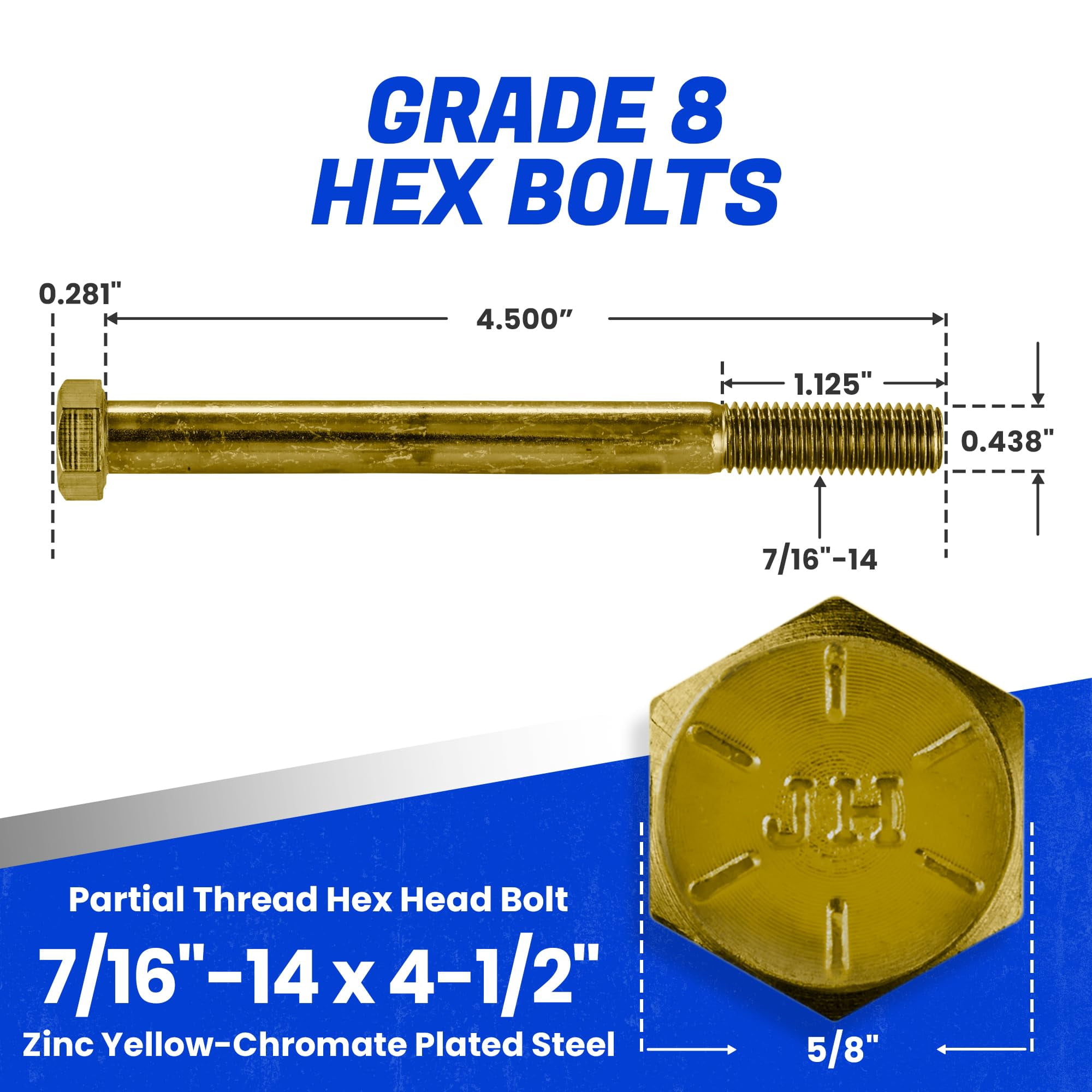 Fastenere 7/16"-14 x 4-1/2" Hex Bolts Grade 8 Zinc Yellow-Chromate Plated Steel, Partial Threaded Durable Hex Bolts for Machinery & Construction, Rust-Resistant, Heavy-Duty Fasteners, Pack of 5