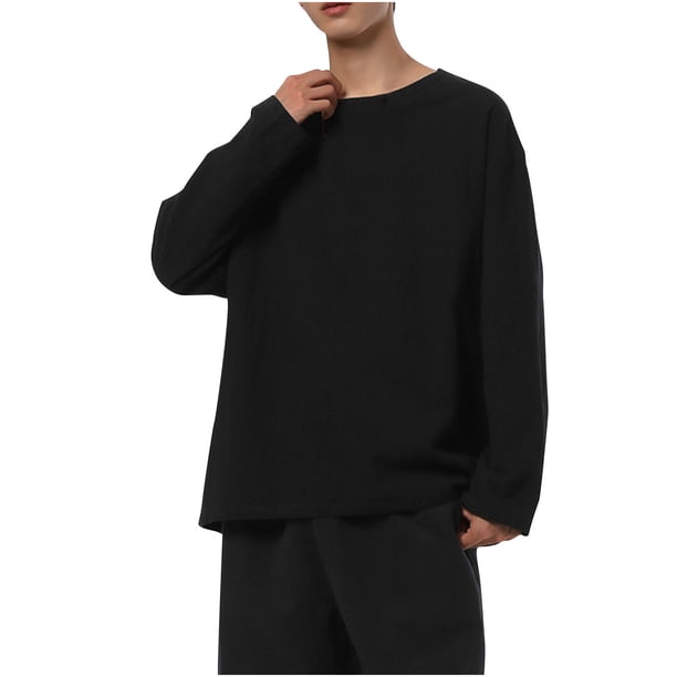 pstuiky camisas de manga larga para hombre, Blusa informal de color liso con cuello redondo y manga larga para hombre Tops de hombre l
