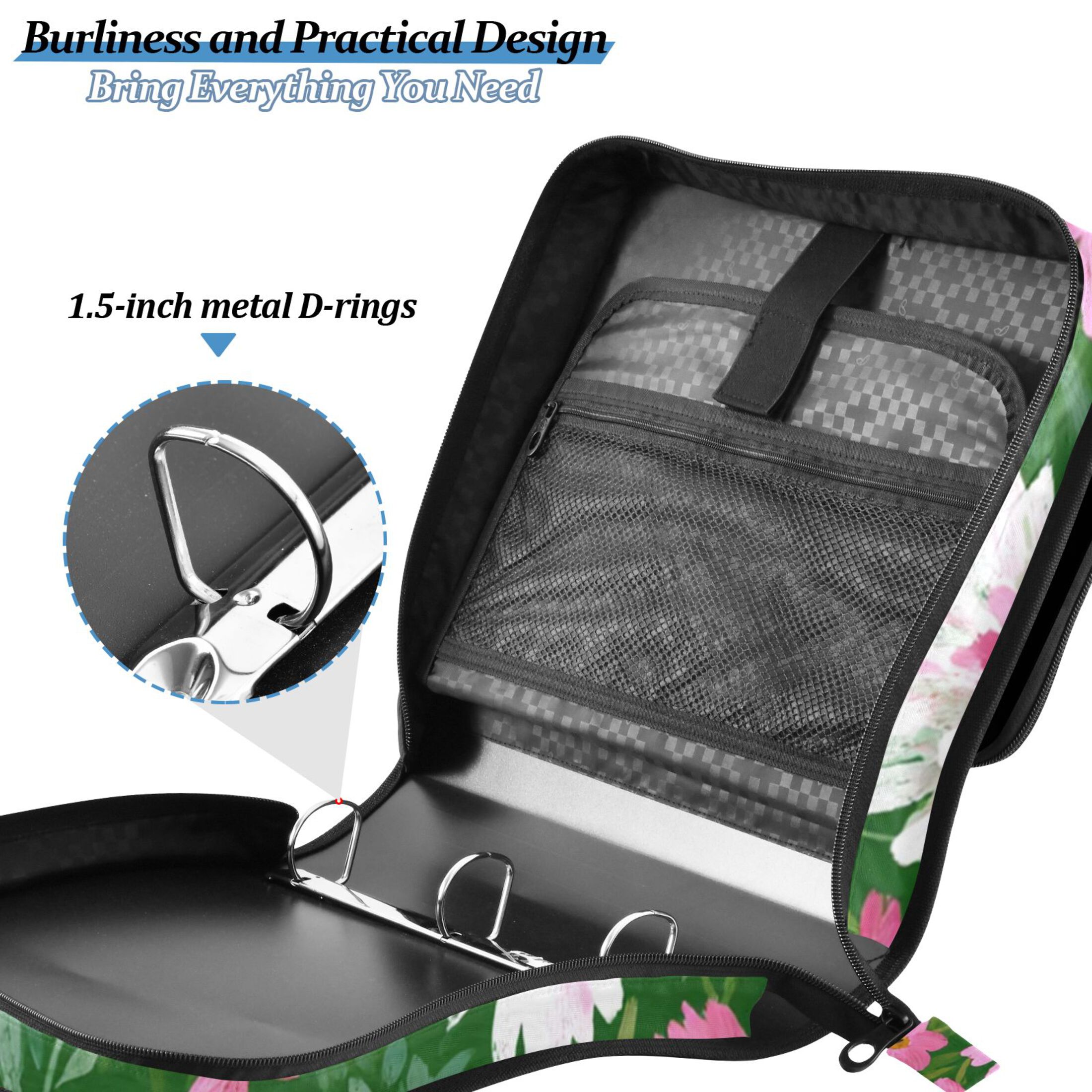 Zipper Binder Daisy Pink and White 1.5 Inch Binder Folder Bag with Shoulder Strap and Handle