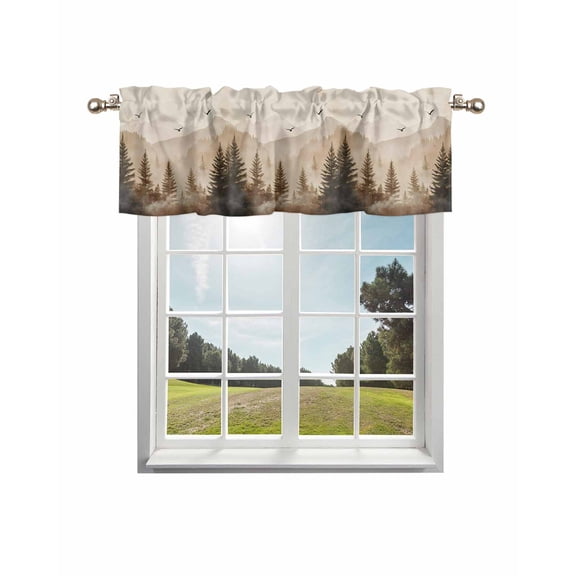 Black Forest Kitchen Curtain Valances for Windows Farmhouse Short Curtains, Silhouettes Foggy Grey Pine Tree Cabin Birds Rod Pocket Valance Curtain for Bedroom Cafe Living Room 60"x14"