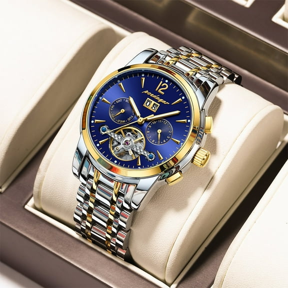 POEDAGAR Automatic Mechanical Luxury Wristwatch Tourbillon Waterproof Date&Week Stainless Steel Men Watch Relogio Masculino box