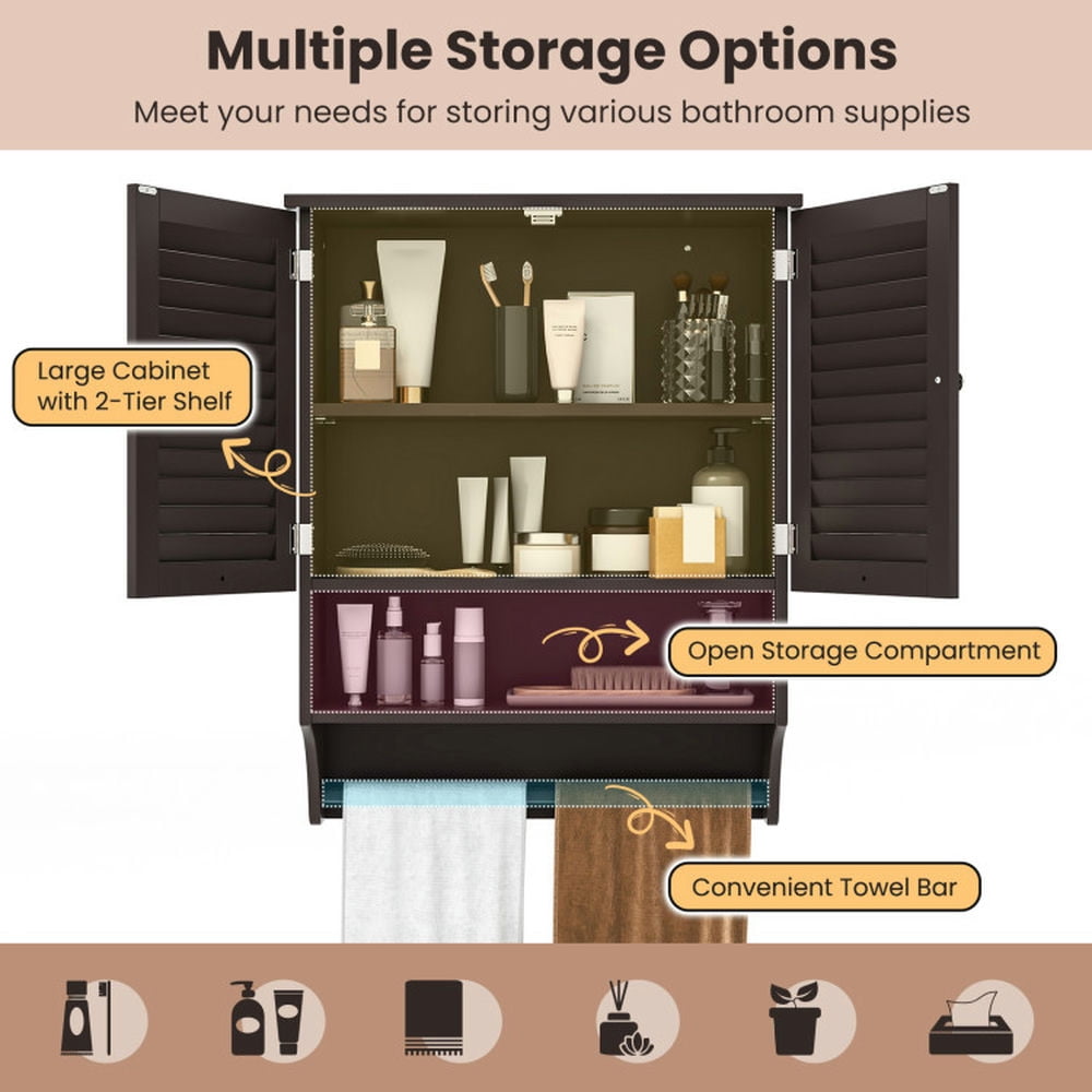 Finihen Bathroom Wall Cabinet, Wall Mounted Bathroom Cabinet, Medicine Cabinet, 2-Doors Bathroom Wall-Mounted Medicine Cabinet with Towel Bar, for Bathroom, Brown Finihen Bathroom Wall Cabinet, Wall Mounted Bathroom Cabinet, Medicine Cabinet, 2-Doors Bathroom Wall-Mounted Medicine Cabinet with Towel Bar, for Bathroom, Brown