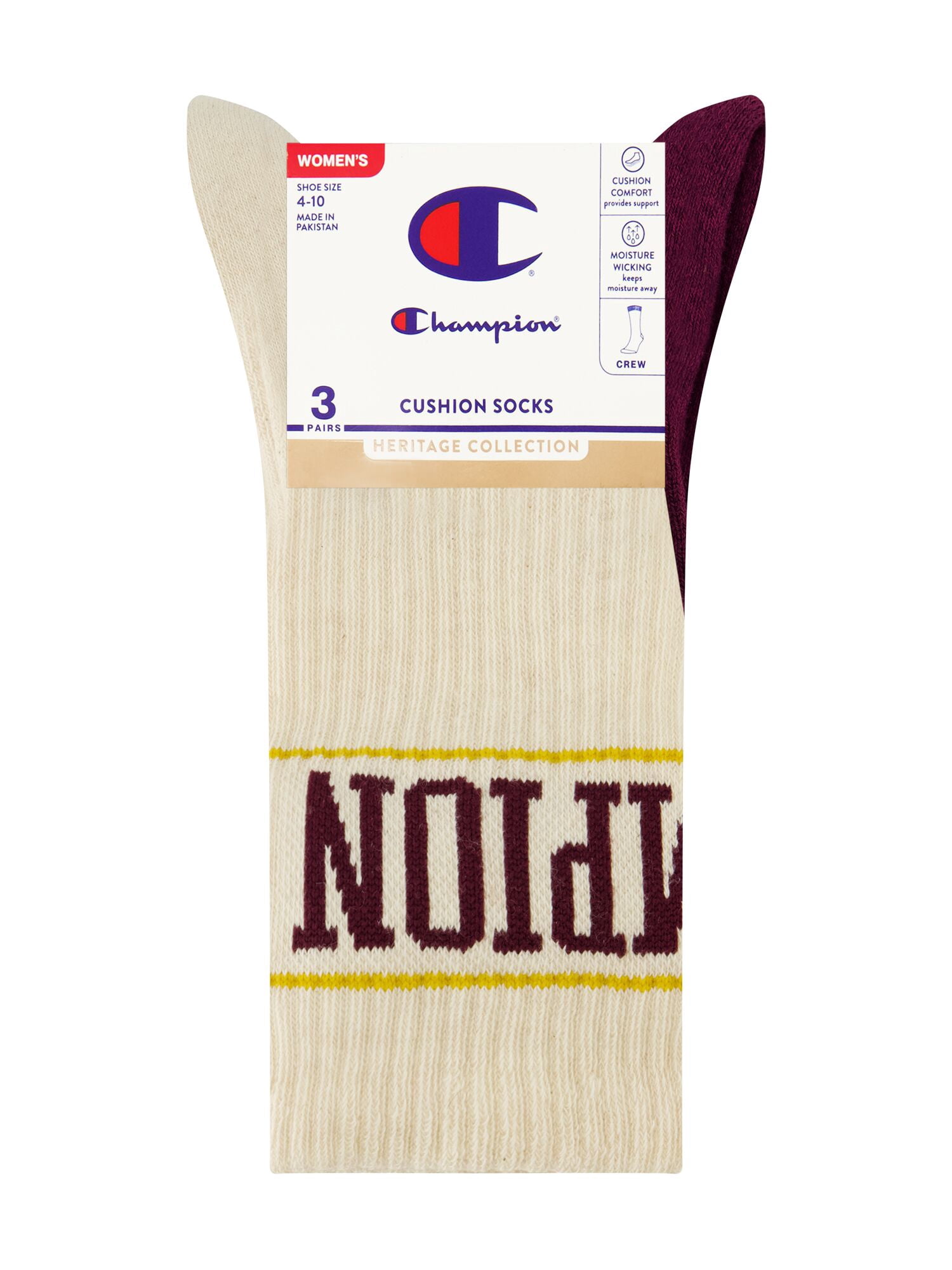 Champion Women’s Cushion Crew Socks Heritage Collection, 3 Pack, Sizes 4-10