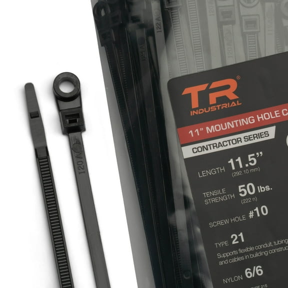 TR Industrial Contractor Series Mounting Hole Cable Ties, Type 21, 11", UV Black, Made in USA, 100-Piece