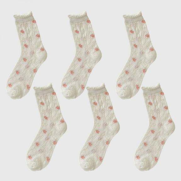 Women's Sheer Floral Embroidered Ankle Socks with Ruffle Cuff 6Pk - White