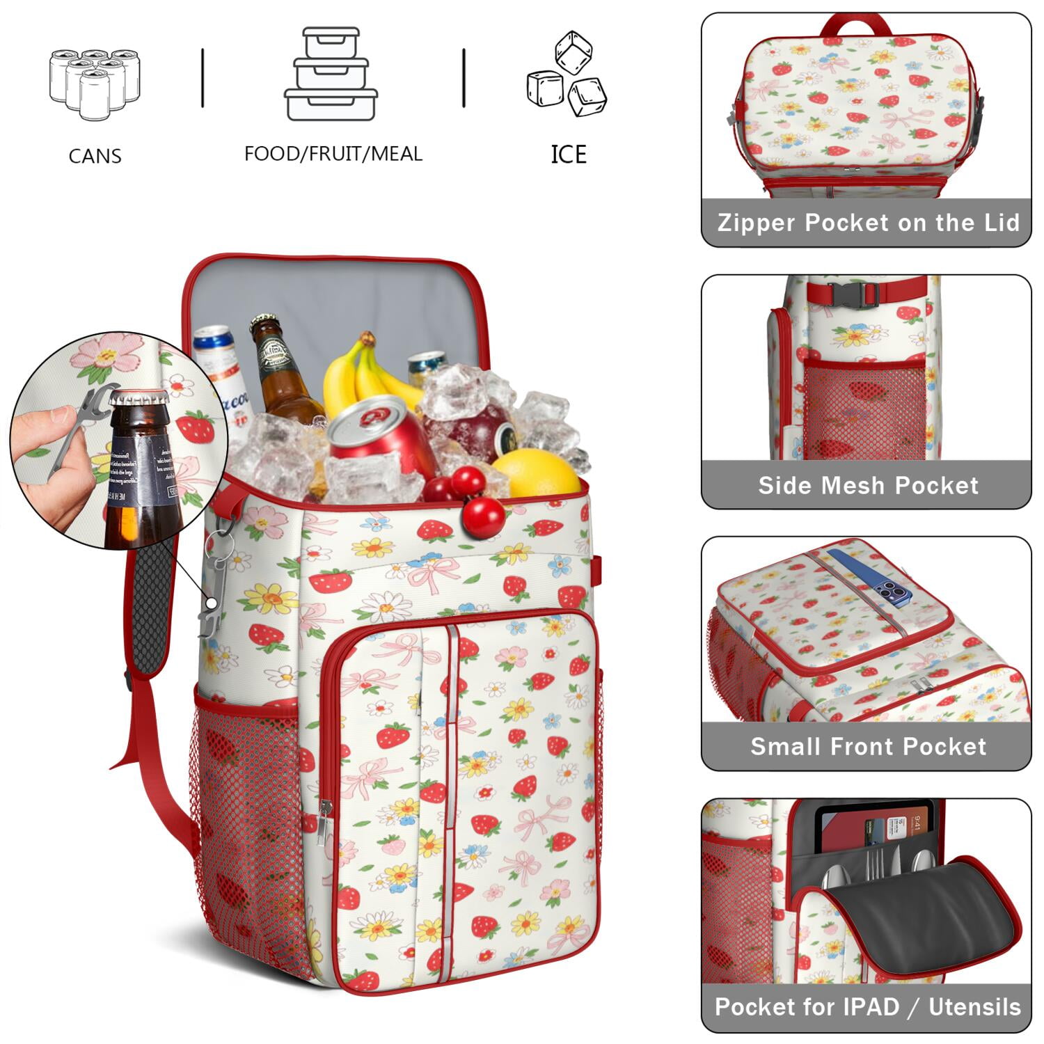 Insulated Lunch Box Cooler Backpack Strawberry Fruit Lightweight Insulated Backpack Cooler Leak Proof Travel Camping Lunch Backpack Outdoor Cutlery Backpack for Outdoor Enthusiasts