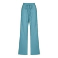thumbnail image 4 of Odbmxy Pants Women Straight-Leg Long Cotton Linen Women Trousers Plus Pleated Blue Plain Elastic Waist Button Loose Casual Pants,M, 4 of 6