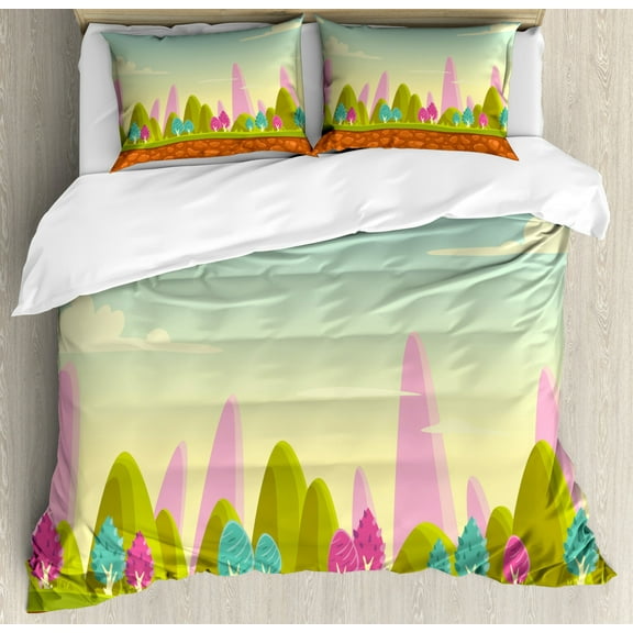 Forest King Size Duvet Cover Set, Fantasy Cartoon Landscape for Kids and Toddlers Colorful Trees Country Panorama, Decorative 3 Piece Bedding Set with 2 Pillow Shams, Multicolor, by Ambesonne