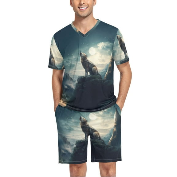 joogoo Men's Pajama Set Wolf on Mountain Howl V-Neck Pj Shorts Set 2 Piece Loungewear Sleepwear L