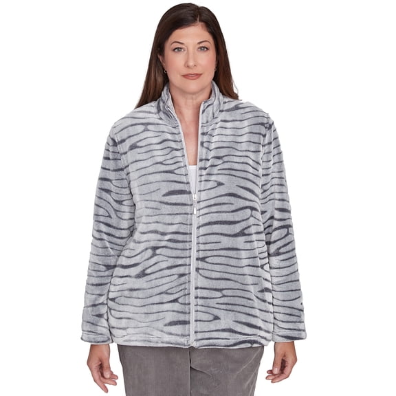 Alfred Dunner Womens Fuzzy Sculpted Zebra Animal Jacket