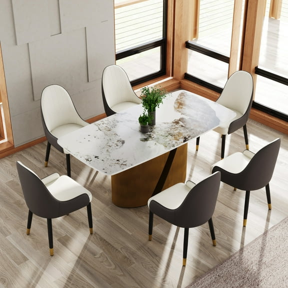 68.83" White Dining Table - Sintered Stone Panel, Bronze Iron Legs, Accommodates 6-8, To Wear & Tear, Easy Clean Rectangular 68.83", White, Metal Fading