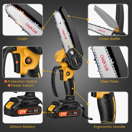 YAHHU 6 INCH MINI CHAINSAW WITH 21V BATTERY POWERED, CORDLESS HANDHELD ELECTRIC CHAINSAW YELLOW, NEW