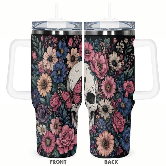 40oz Gothic Floral Skull Butterfly Insulated Tumbler with Handle and Straw Stainless Steel Vacuum Travel Cup Dark Aesthetic Coffee Cup Gift