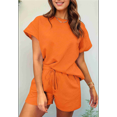 thumbnail image 4 of Conjunto de Pijama de 2 Piezas para Mujer, Color Liso, Cuello Redondo, Informal, de Tela Texturizada, Corta, Color Naranja, Talla XL, 4 of 7