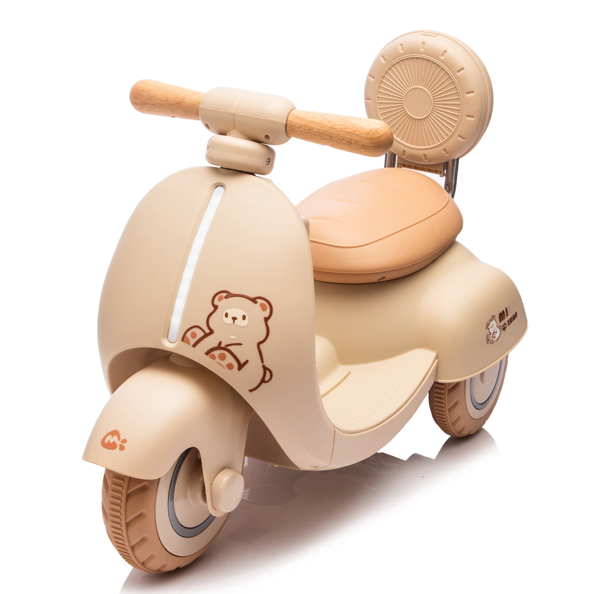 iRerts 12V Powered Ride on Motorcycle, 3 Wheels Kids Electric Motorcycle for Toddlers 1-3 Years Baby First Toy, Electric Ride on Toys with Remote Control, Music, Special Wooden Handle, Beige