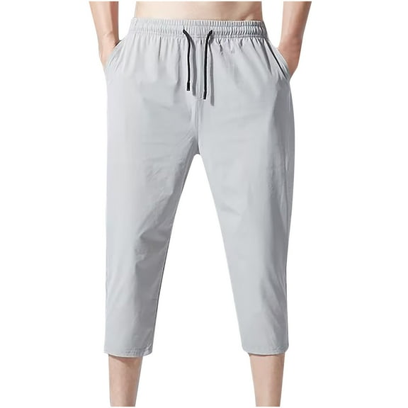 Aofany Men's Capris Trousers Elastic Waist Ultra-thin Quick Drying Ventilate Loose Sport Pants High Waist Drawstring Pockets Pants