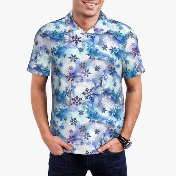 Vsdgher Icy Blue Snowflakes Polo Shirts for Men, Men's Short Sleeve Stretch Polo Shirt, Shirts for Men-Small