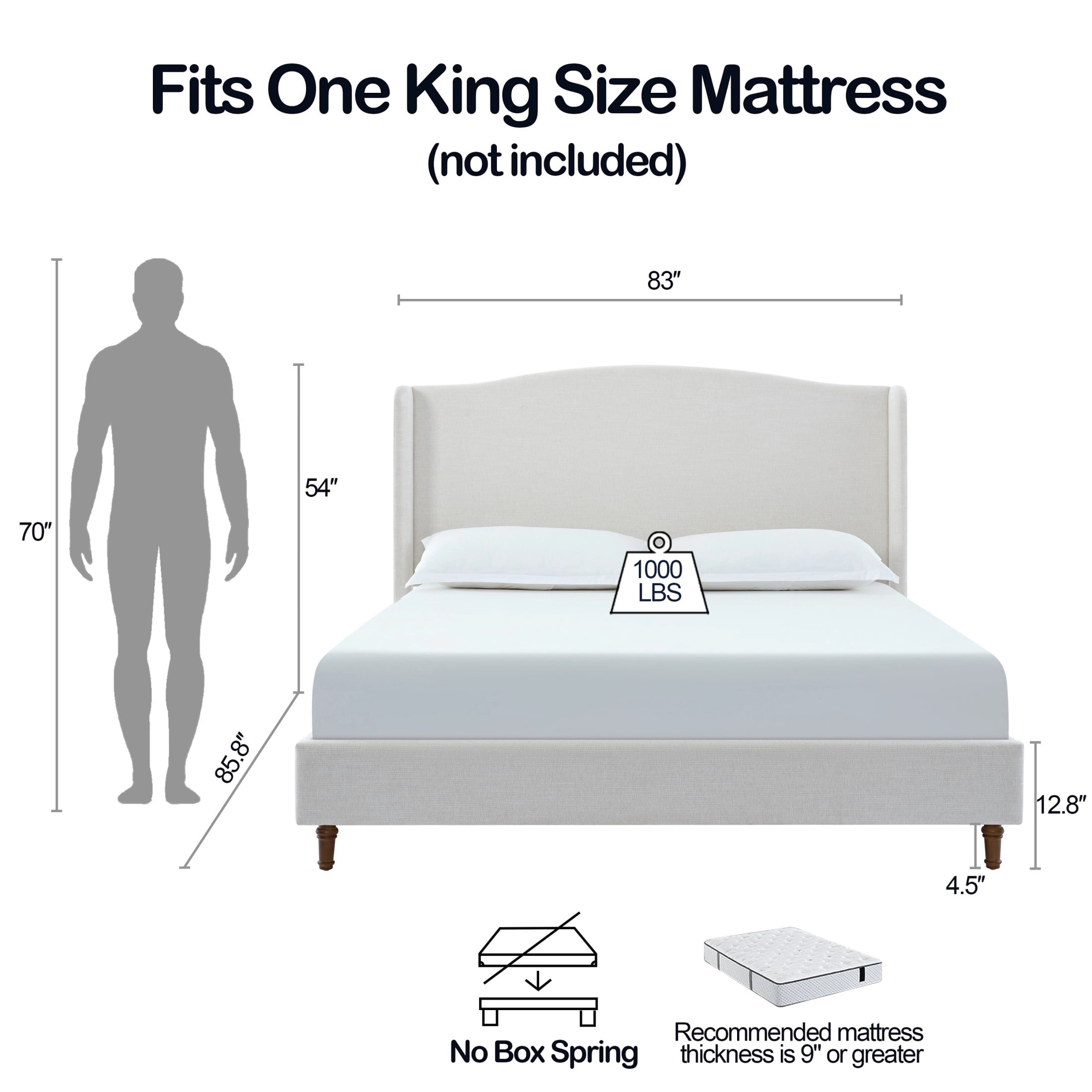 Noble House Hannah King Upholstered Bed Frame, 54" Tall Wingback Headboard, Metal Frame, Ivory