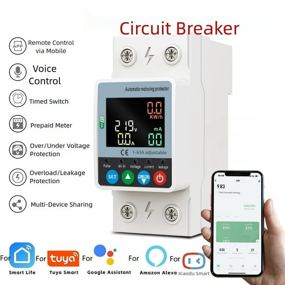 Wireless Smart 63A Circuit Breaker With App And Voice Control Functions