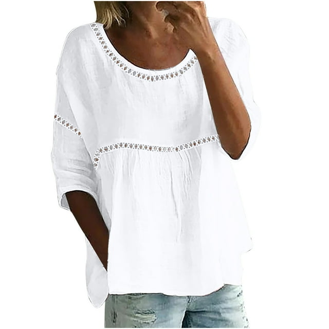 Birdeem Womens Spring and Summer Lace Stitching Round Neck Solid Color T-Shirt Hollow Top