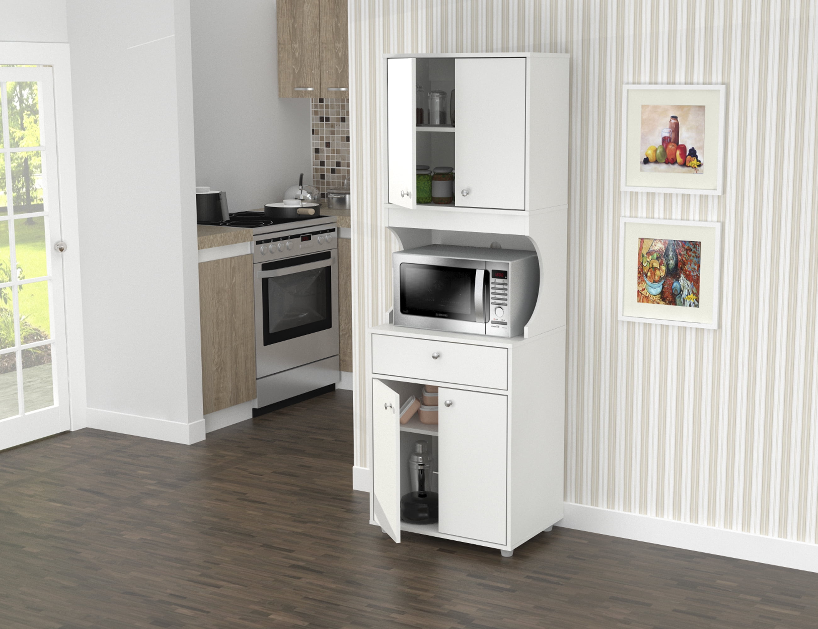 Inval Storage Cabinet With Microwave Stand 6 Shelves 66 H x 35 W x 15 D  Laricina White - Office Depot