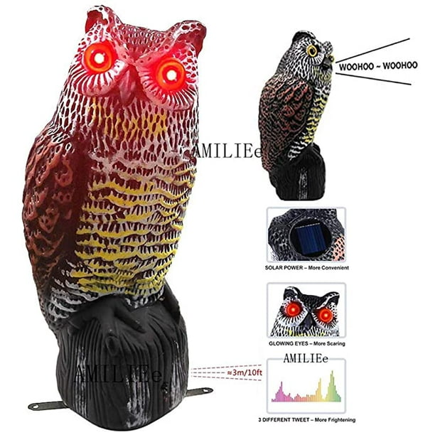 Spring hue Owl Decoy Flashing Eyes Frightening Sound to Scare Birds,Solar Powered Scarecrow Owl