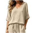 thumbnail image 4 of CYMMPU Women's Summer Linen Blend 2-Piece Outfit, V-Neck 3/4 Sleeve Top with Drawstring Pants, Casual Loungewear Set Beige S, 4 of 7