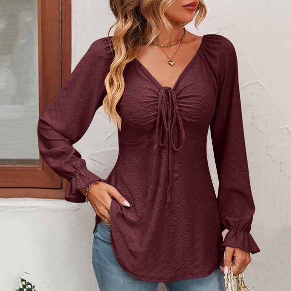 Gubotare Womens Long Sleeve Tops Women's Waffle Knit Tunic Blouse Tie Knot Henley Tops Loose Fitting Bat Wing Plain Shirts (,XXL)