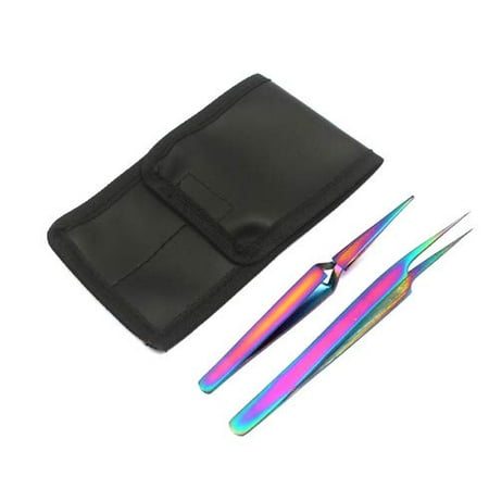 OdontoMed2011® Set Of 2 Stainless Steel Multi Titanium Rainbow Color 3d Eyelash Extension Tweezers X Type Self Retracting + Pro Straight Fine Point Jewelry-making, Laboratory