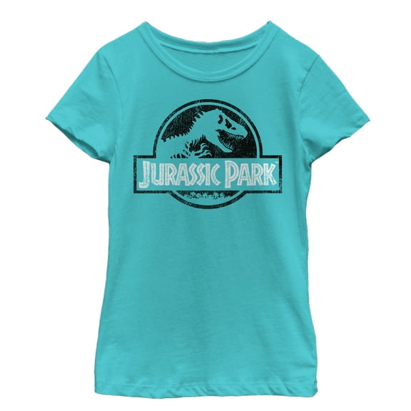 Girl's Jurassic Park Vintage Black and White Logo  Graphic Tee Tahiti Blue Medium