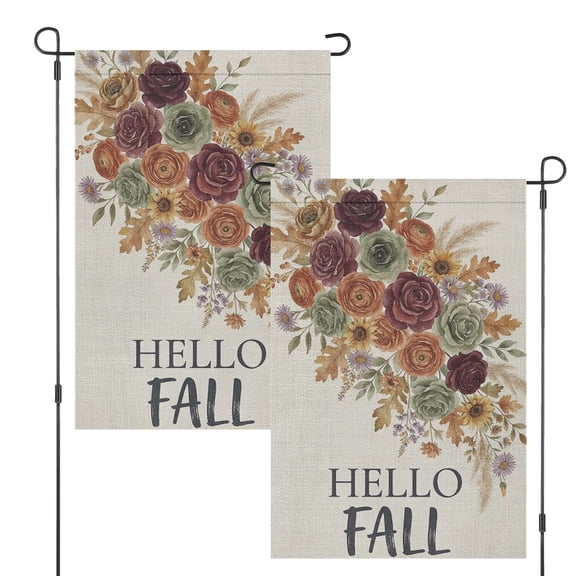 Garden Flag Hello Fall Text with Autumn Floral Bouquet and Burgundy, Rust and Cream Flowers, 12 x 18 Inch Decorative Outdoor Yard Flag for Garden Lawn Porch Entryway