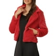 thumbnail image 1 of INSPIRE CHIC Women's Autumn Winter Cropped Jacket Notch Lapel Faux Fur Fluffy Coat Red L, 1 of 6