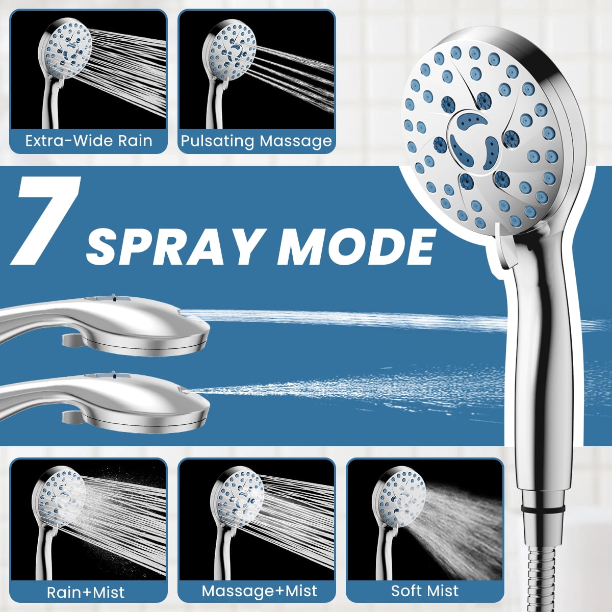 Shower Head with Handheld, 7 Spray Settings High Pressure Handheld Shower Head with 59" Stainless Steel Hose and Adjustable Bracket, Built-in Power Spray to Clean Corner, Tub, Tile and Pets, Chrome