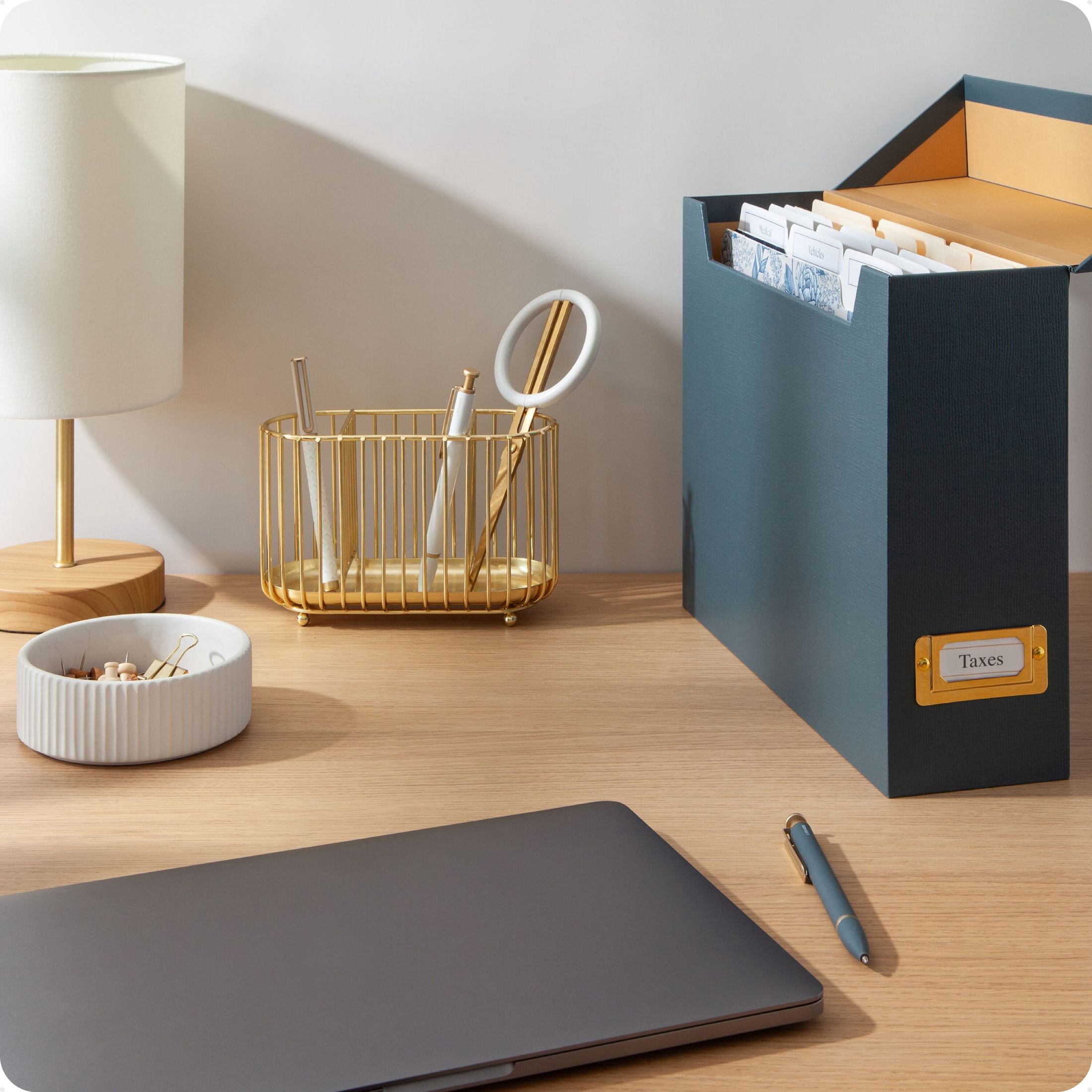 U Brands Flip Top File and Storage Box, 9.4 x 3.7 x 13 in., Dusk, Gold Metal Nameplate