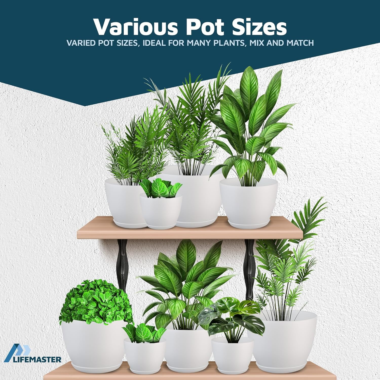 White Plant Pots with Drainage Holes & Saucers 15 Packs, Indoor & Outdoor Stackable Plastic Planters in Multiple Sizes for Houseplants & Flowers, Durable & Weatherproof Materials, Matte Finish