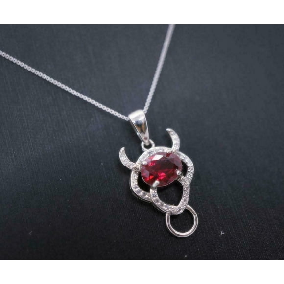 Sterling Silver Ruby Necklace - Buffalo Cattle Bull July Birthstone Ruby Pendant