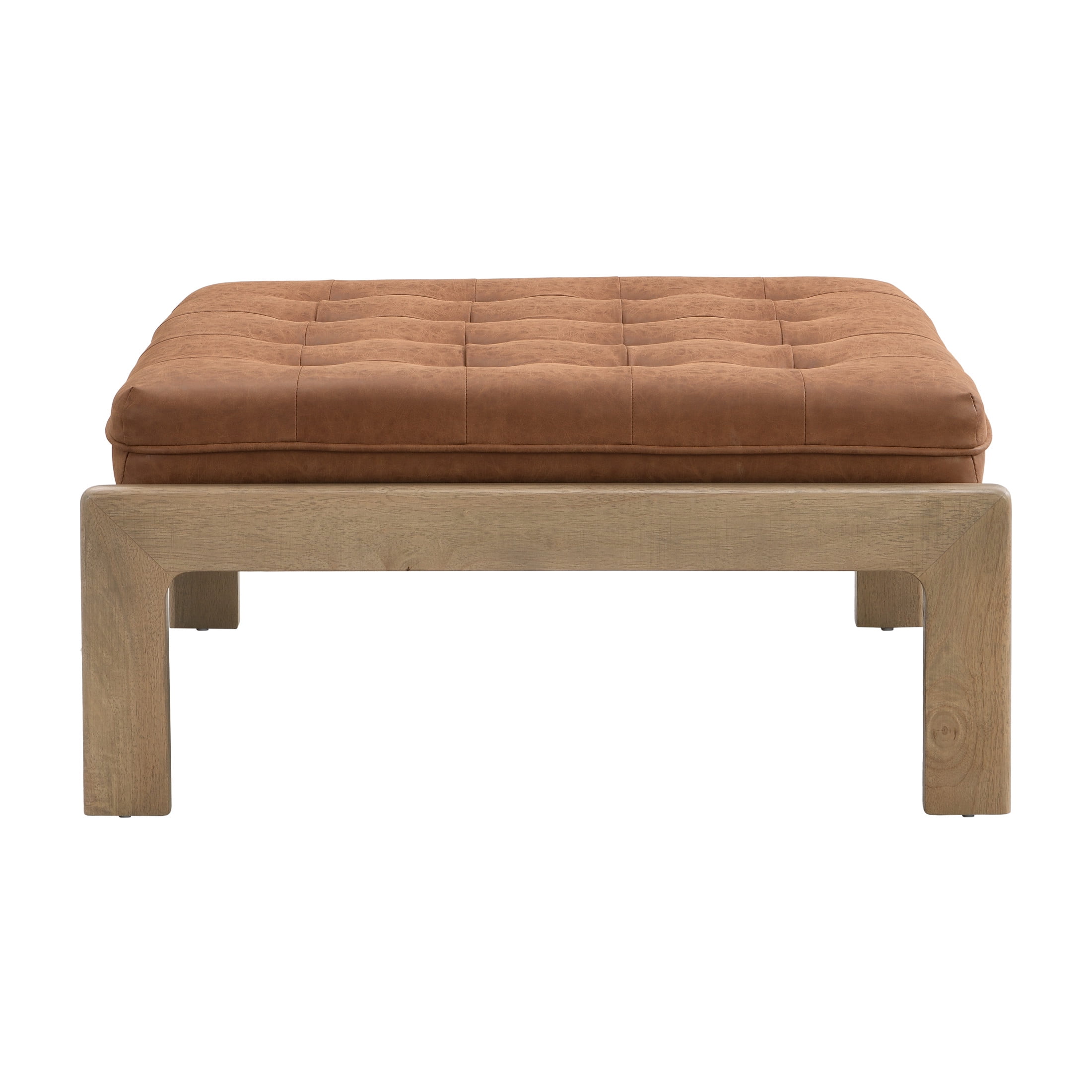 Christopher Knight Home Classic 34'' PU Leather Ottoman, Button-Tufted Cocktail Ottoman with Solid Wood Frame, Multi-Functional Footstool & Coffee Table, Reddish Brown