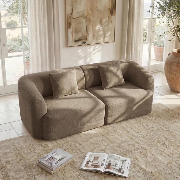 Modern 80.3" Loveseat Sofa for Living Room, 2 Seater Boneless Foam Couch with 2 Pillows, Comfy Deep Seating Floor Sofa for Small Spaces & Bedroom, Camel