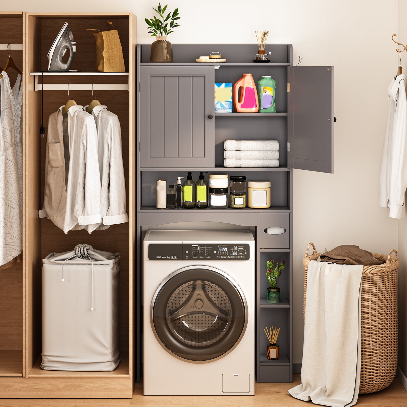 Noelse  Over the Toilet Storage Cabinet, Over Toilet Bathroom Organizer with 2 Doors, Adjustable Shelves, Toilet Paper Holder, 2 Side Hooks, Space-Saver for Bathroom, Laundry, Gray