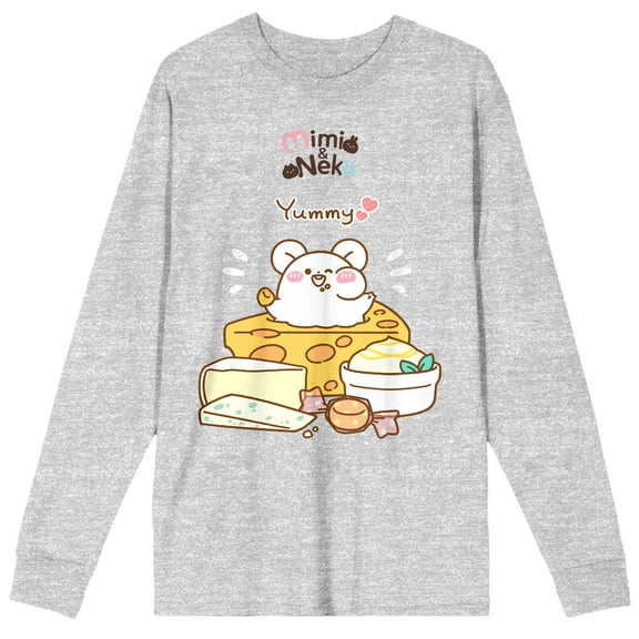 Mimi & Neko Nezu Eating Yummy Cheese Crew Neck Long Sleeve Athletic Heather Men's Tee-Large