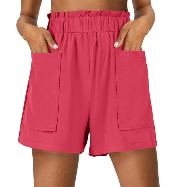 Pantalones de Cintura Alta de las Mujeres de Verano Color Sólido Casual Algodón Lino Cinco Cuartos, Doble Bolsillo Flor Botón Detalle para la Playa Y el Uso Diario