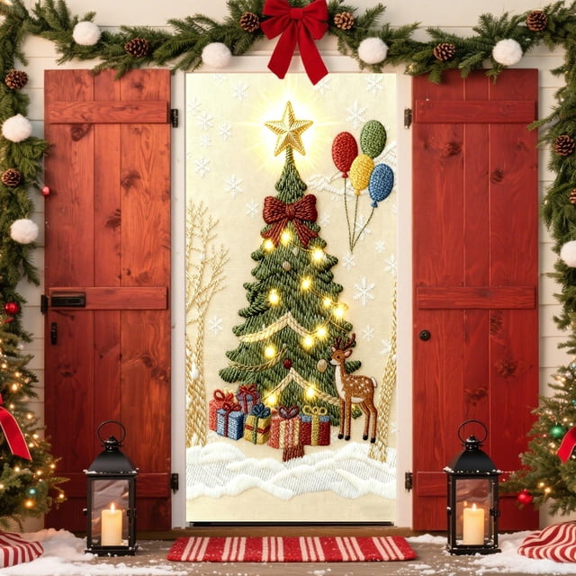 Cortina Navideña con Bordado Estereoscópico de 35 X 72 Pulgadas, Ideal para Puertas y Paredes Navideñas, Ideal para Festivales y Fiestas.